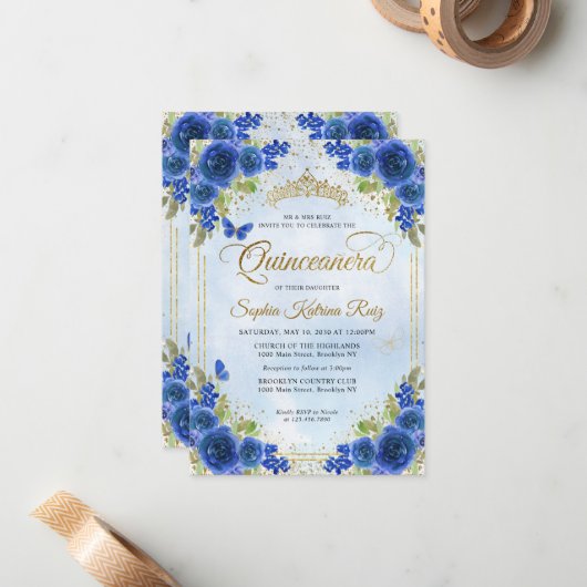 Budget Bloem Navyblauw Gouden Tiara Quinceañera Notitiekaartje (Voorkant / Achterkant in situ)
