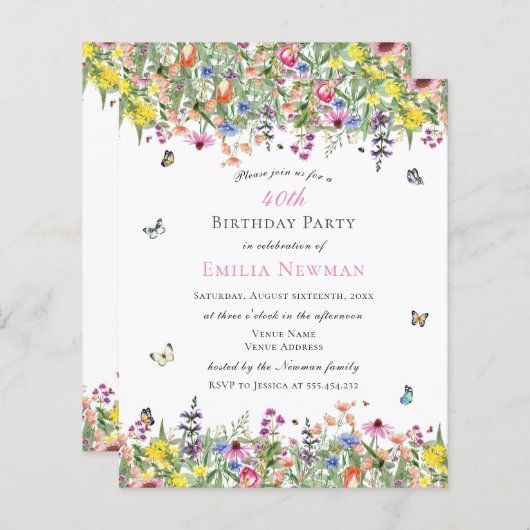 Budget Bloemen 40e Verjaardag Feest Uitnodiging (Voorkant / Achterkant)