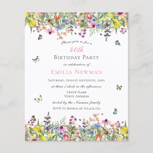 Budget Bloemen 40e Verjaardag Feest Uitnodiging (Voorkant)