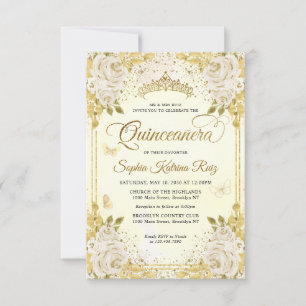Budget Bloemen Faux Gold Glitter Crown Quinceañera Notitiekaartje