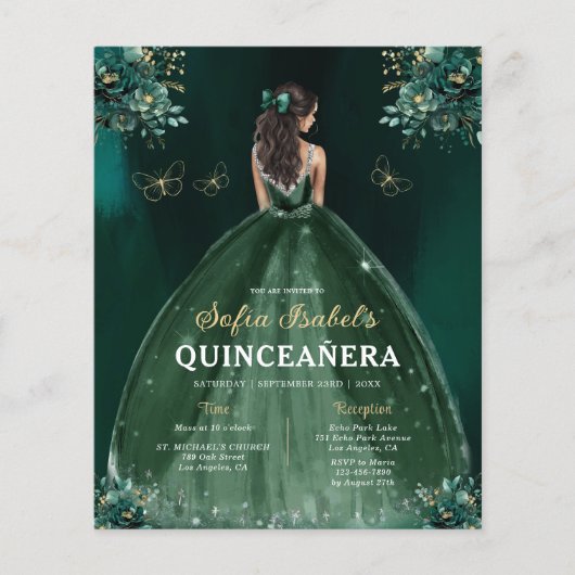 Budget Bloemen Groene Jurk QR Code Quinceanera Flyer (Voorkant)