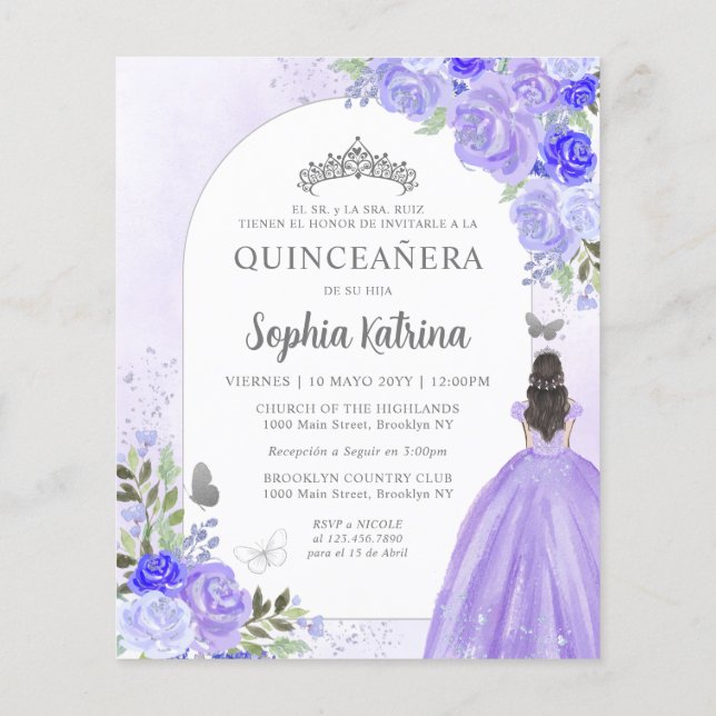Budget Bloemen Paarse TWEETALIG Spaans Quinceanera (Achterkant)