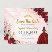 Budget Bloemen Rood Goud Quinceanera Save the Date (Voorkant / Achterkant)