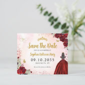 Budget Bloemen Rood Goud Quinceanera Save the Date (Staand voorkant)