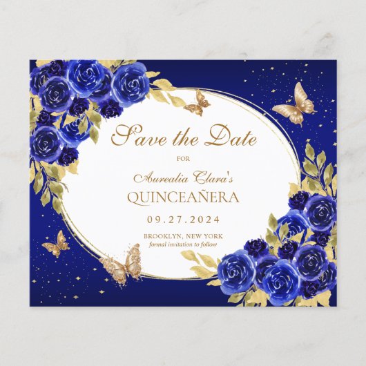 BUDGET Bloemen Royal Blue Butterfly Quinceanera (Voorkant)