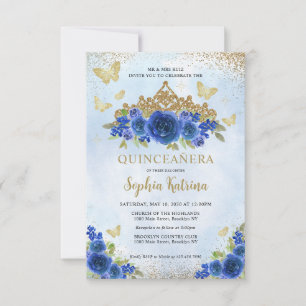 Budget Bloemen Royal Blue Gold Tiara Quinceañera Notitiekaartje