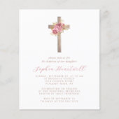 Budget Bloemen Roze Goud Kruis Meisje Doop Uitnodi (Voorkant)