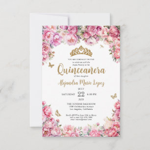 Budget Bloemen Roze Gouden Glitter Tiara Quinceañe Notitiekaartje