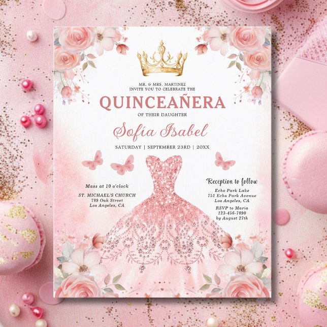 Budget Bloemen Roze Tweetalig Spaans Quinceanera (Creator heeft geüpload)
