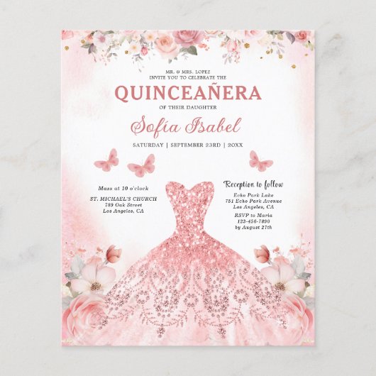 Budget Bloemen Roze Tweetalig Spaans Quinceanera Flyer (Voorkant)