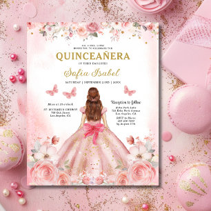 Budget Bloemen Roze Tweetalig Spaans Quinceanera Flyer