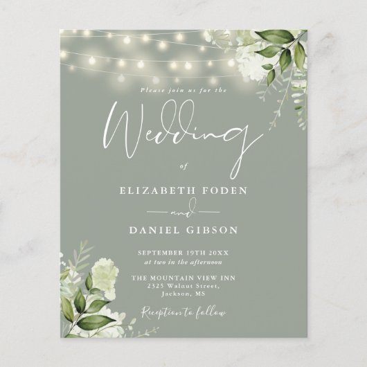 Budget bloemverlichting saliegroen trouwkaart (Voorkant)