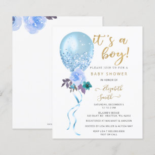 Budget Blue Balloon Boy Baby shower Uitnodiging