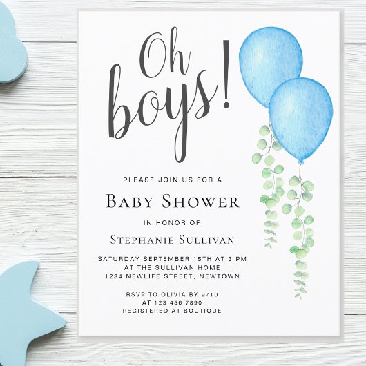 Budget Blue Balloon Twins Baby shower Invitation