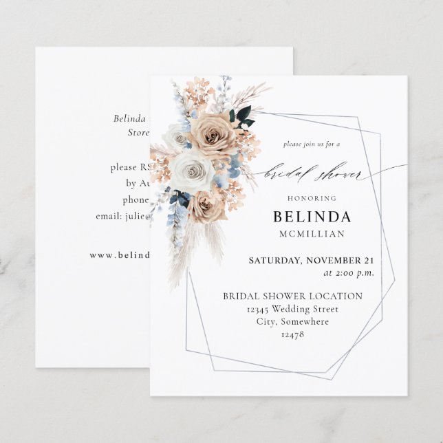 Budget Blue & Beige Boho Floral Vrijgezellenfeest (Voorkant / Achterkant)