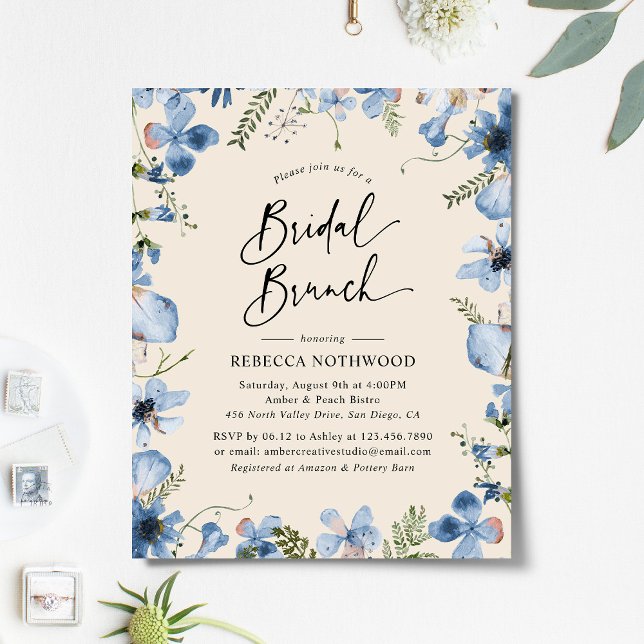 Budget Blue Beige Floral Bridal Brunch Uitnodiging (Creator heeft geüpload)
