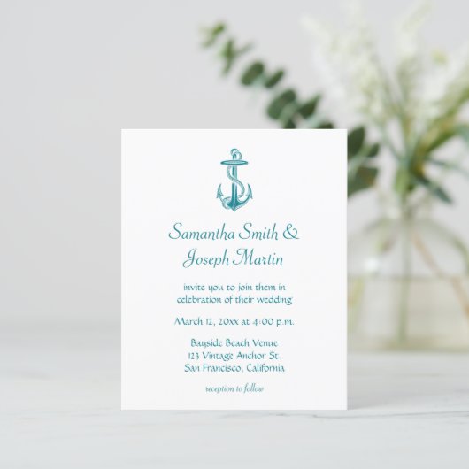 Budget Blue Blauwgroen  Anchor Wedding Uitnodiging (Staand voorkant)