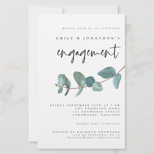 Budget Blue Blauwgroen Eucalyptus Verloving Uitnod (Voorkant)