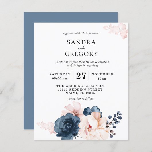 Budget Blue, Blush Pink Blue Floral Wedding Flyer (Voorkant / Achterkant)