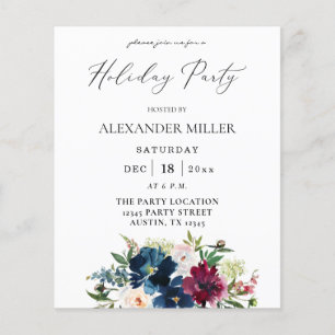 Budget Blue, Burgundy & White Floral Holiday Party Flyer