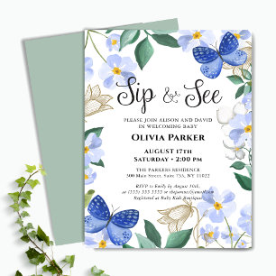 Budget Blue Butterfly Boy Baby Sip en See Invite Flyer