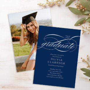 Budget Blue Elegant Script Foto Afstudeerfeest Kaart