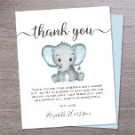 Budget Blue Elephant Baby shower Carte de remercie<br><div class="desc">Une jolie carte de remerciements économique avec "merci" dans un élégant script gris avec des swashes et une aquarelle bleue d'éléphant bébé. En dessous,  vous pouvez facilement personnaliser votre message de remerciement en simple topographie grise ou laisser vide pour une note manuscrite.</div>