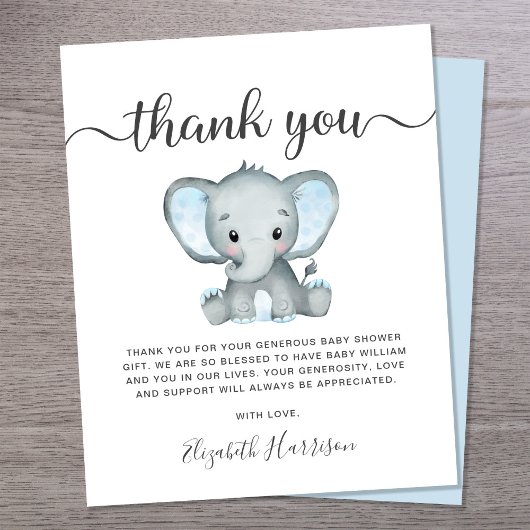 Budget Blue Elephant Baby shower Carte de remercie