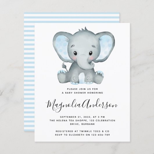 BUDGET Blue Elephant Baby shower Invitation (Voorkant / Achterkant)