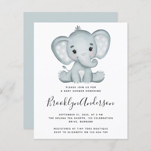 BUDGET Blue Elephant Baby shower Invitation (Voorkant / Achterkant)