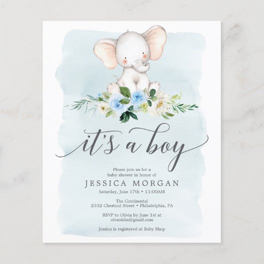 Budget Blue Elephant Boy Baby shower Invitation Flyer (Voorkant)