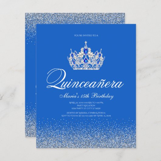Budget Blue en Silver Quinceanera Uitnodigingen (Voorkant / Achterkant)