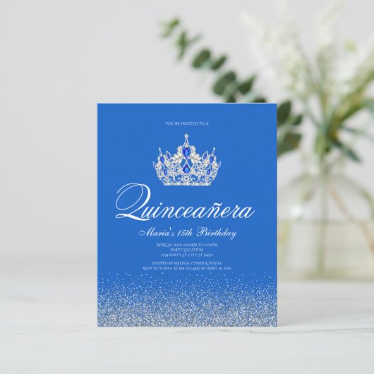 Budget Blue en Silver Quinceanera Uitnodigingen (Staand voorkant)