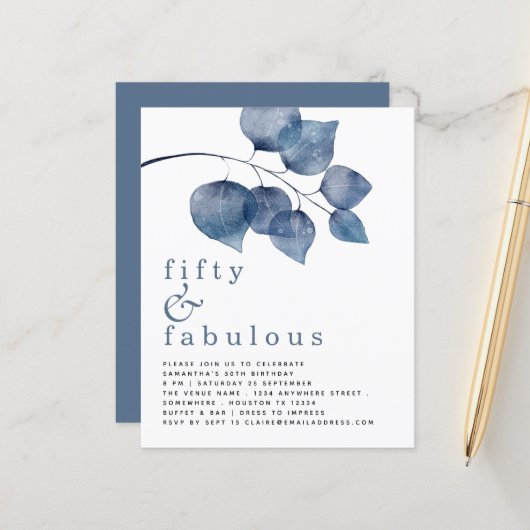 Budget Blue Feuilles 50e anniversaire Invitation (Devant/Arrière en situation)