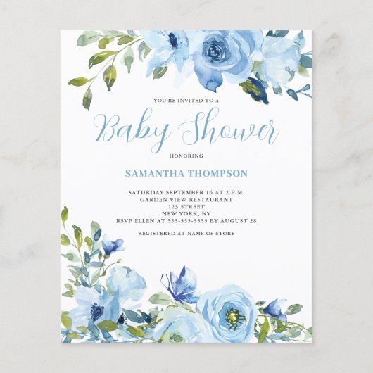 Budget Blue Floral Baby shower Invitation Flyer (Voorkant)