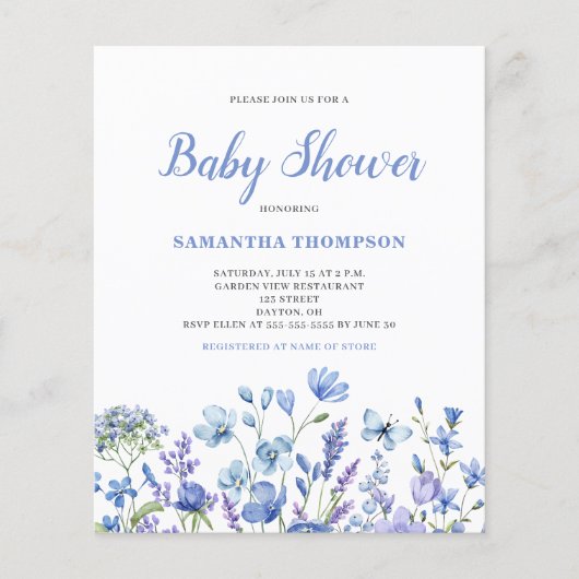 Budget Blue Floral Boy Baby shower Invitation Flyer (Voorkant)