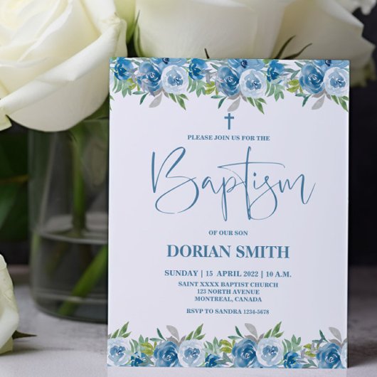 Budget Blue Floral Boy Baptism-uitnodiging