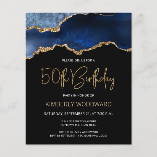 Budget Blue Gold Agate 50th Birthday Invitation (Voorkant)