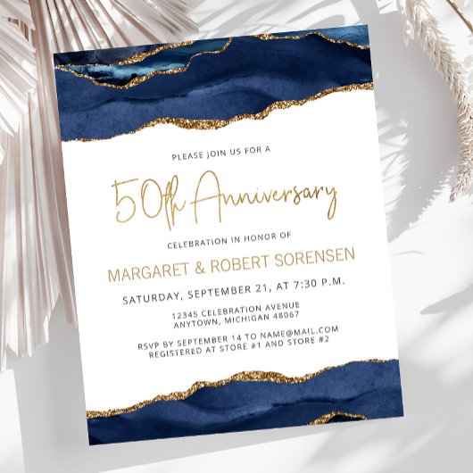 Budget Blue Gold Agate 50th Jubileum Invitation