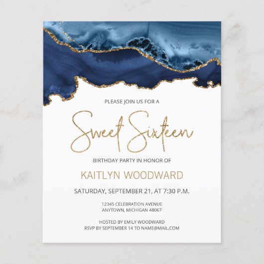 Budget Blue Gold Agate Sweet 16 Uitnodiging (Voorkant)