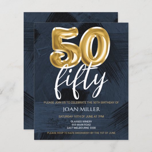 BUDGET Blue, Gold Balloon 50th Birthday Invitation (Voorkant / Achterkant)