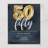 BUDGET Blue, Gold Balloon 50th Birthday Invitation (Voorkant)