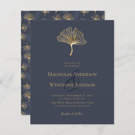 Budget Blue Gold Foil Elegant Wedding Invitation (Voorkant / Achterkant)