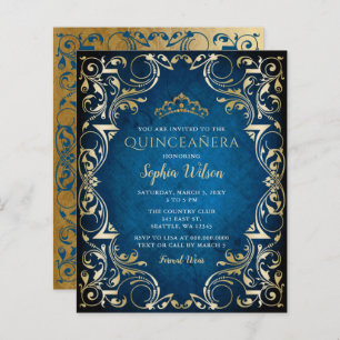 Budget Blue Gold Tiara Quinceañera Uitnodiging