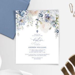 BUDGET Blue Hydrangea & Rozen Baptisme Uitnodiging