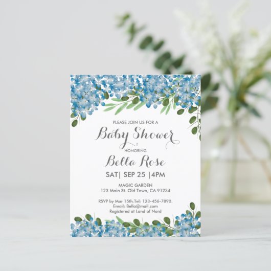 Budget Blue Hydrangeas Baby shower Uitnodiging (Staand voorkant)
