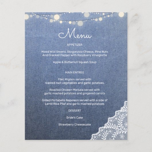 Budget Blue Jeans, String Lights & Lace Menu (Voorkant)