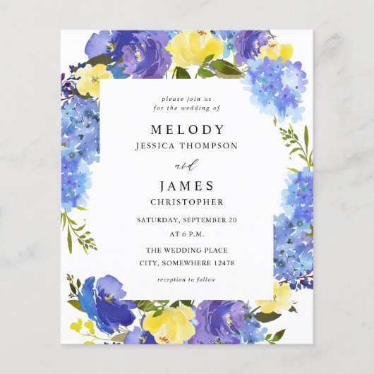 Budget Blue Paars & Yellow Floral Wedding Flyer (Voorkant)