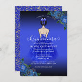 Budget Blue Princess Gold Quinceañera Uitnodiging (Voorkant / Achterkant)