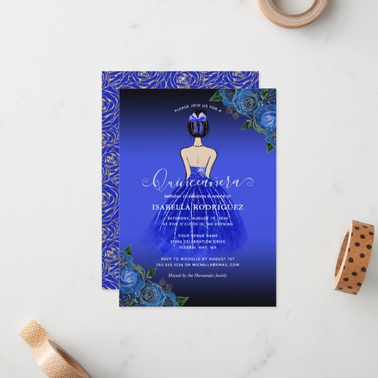 Budget Blue Princess Gold Quinceañera Uitnodiging (Voorkant / Achterkant in situ)